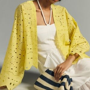 Maeve Anthropologie Top Yellow Cropped Eyelet Kimono One Size Cotton
